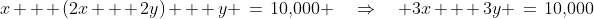 x + (2x + 2y) + y \:=\:10,\!000 \quad\Rightarrow\quad 3x + 3y \:=\:10,\!000\;\;{\color{blue}[1]}