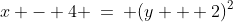 (1)\;\;x - 4 \:=\: (y + 2)^2