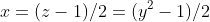 x=(z-1)/2=(y^2-1)/2