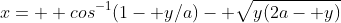 x=  cos^{-1}(1- y/a)- \sqrt{y(2a- y)}