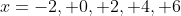 x=-2, 0, 2, 4, 6