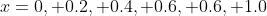 x=0, 0.2, 0.4, 0.6, 0.6, 1.0