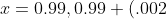 x=0.99,0.99+(.002),0.99+2(.002),\cdots,0.99+100(.0 02)