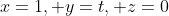 x=1, y=t, z=0