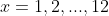 x=1,2,...,12