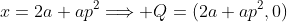 x=2a+ap^2\Longrightarrow Q=(2a+ap^2,0)