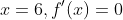x=6,f'(x)=0