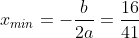 x_{min}=-\frac{b}{2a}=\frac{16}{41}