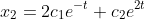 x_2=2c_1e^{-t}+c_2e^{2t}