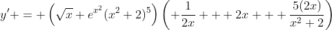y' = \left(\sqrt{x} e^{x^2}(x^2+2)^5\right)\left( \frac{1}{2x} + 2x + \frac{5(2x)}{x^2+2}\right)