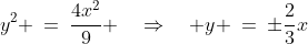 y^2 \:=\:\frac{4x^2}{9} \quad\Rightarrow\quad y \:=\:\pm\frac{2}{3}x\;\;[6]