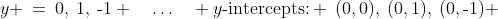 y \:=\:0,\:1,\:\text{-}1 \quad\hdots\quad y\text{-intercepts:} \:(0,0),\:(0,1),\:(0,\text{-}1) 