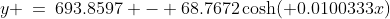 y \:=\:693.8597 - 68.7672\cosh( 0.0100333x)