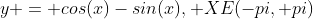 y = cos(x)-sin(x), XE(-pi, pi)