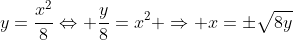 y=\frac{x^2}{8}\Leftrightarrow \frac{y}{8}=x^2 \Rightarrow x=\pm\sqrt{8y}
