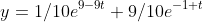 y=1/10e^{9-9t}+9/10e^{-1+t}