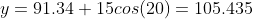 y=91.34+15cos(20)=105.435