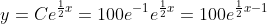 y=Ce^{\frac{1}{2}x}=100e^{-1}e^{\frac{1}{2}x}=100e^{\frac{1}{2}x-1}