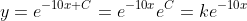 y=e^{-10x+C}=e^{-10x}e^{C}=ke^{-10x}