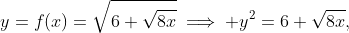 y=f(x)=\sqrt{6+\sqrt{8x}}\implies y^2=6+\sqrt{8x},