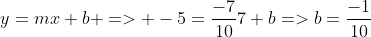 y=mx+b => -5=\frac{-7}{10}7+b=>b=\frac{-1}{10}