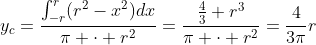 y_c=\frac{\int_{-r}^{r}(r^2-x^2)dx}{\pi \cdot r^2}=\frac{\frac43 r^3}{\pi \cdot r^2}=\frac{4}{3\pi}r