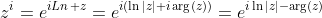 z^i=e^{iLn\, z}=e^{i(\ln|z|+i\arg(z))}=e^{i\ln|z|-\arg(z)}