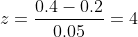 z=\frac{0.4-0.2}{0.05}=4