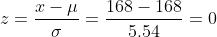 z=\frac{x-{\mu}}{\sigma}=\frac{168-168}{5.54}=0