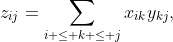 z_{ij}=\sum_{i \leq k \leq j}x_{ik}y_{kj},