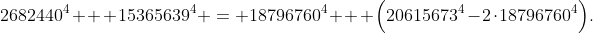 2682440^4 + 15365639^4 = 18796760^4 + \Bigl(20615673^4-2\cdot18796760^4\Bigr).