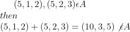 (5,1,2),(5,2,3)\epsilon A\\ then\\ (5,1,2)+(5,2,3)=(10,3,5)\not\epsilon A