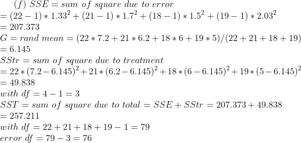 (f) SSE= sum of square due to error = (22 - 1)* 1.332 + (21 – 1) *1.72 + (18 - 1) * 1.52 + (19 - 1)* 2.032 = 207.373 G = rand