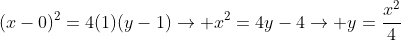 (x-0)^2=4(1)(y-1)
ightarrow x^2=4y-4
ightarrow y=frac{x^2}{4}+1