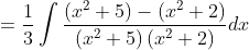 =\frac{1}{3} \int \frac{\left(x^{2}+5\right)-\left(x^{2}+2\right)}{\left(x^{2}+5\right)\left(x^{2}+2\right)} d x