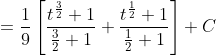 =\frac{1}{9}\left[\frac{t^{\frac{3}{2}}+1}{\frac{3}{2}+1}+\frac{t^{\frac{1}{2}}+1}{\frac{1}{2}+1}\right]+C