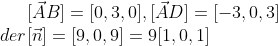 [\vec AB]=[0,3,0] , [\vec AD]=[-3,0,3] \\ der [\vec n]=[9,0,9]=9[1,0,1]\\