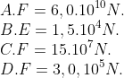\\ A. F = 6,0.10^{10} N. \\B. E =1,5.10^4 N. \\ C. F = 15.10^7 N. \\ D. F =3,0,10^5 N.