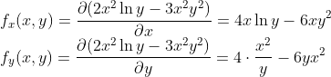 Ә(2rIny — 3х2у2) f(x, y) = = 4r lny — бry 2 f(x, y) - д(2*lny — 3r?у?) 2 = 4. — — бух? ду