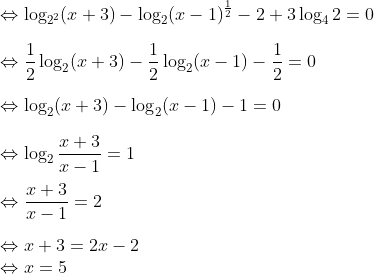 \\\\\Leftrightarrow \log_{2^2}(x+3)-\log_{2}(x-1)^\frac{1}{2}-2+3\log_{4}2=0 \\\\\Leftrightarrow \frac{1}{2}\log_{2}(x+3)-\frac{1}{2}\log_{2}(x-1)-\frac{1}{2}=0 \\\\\Leftrightarrow \log_{2}(x+3)-\log_{2}(x-1)-1=0 \\\\\Leftrightarrow \log_{2}\frac{x+3}{x-1}=1 \\\\\Leftrightarrow \frac{x+3}{x-1}=2 \\\\\Leftrightarrow x+3=2x-2 \\\Leftrightarrow x=5
