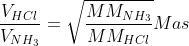 \frac{V_{HCl}}{V_{NH_{3}}}=sqrt{frac{MM_{NH_{3}}}{MM_{HCl}}}\\\Mas;v=frac{Delta S}{Delta t}\\\frac{V_{HCl}}{V_{NH_{3}}}=frac{frac{Delta S_{HCl}}{Delta t}}{frac{Delta S_{NH_{3}}}{Delta t}}=frac{Delta S_{HCl}}{Delta S_{NH_{3}}}=sqrt{frac{MM_{NH_{3}}}{MM_{HCl}}}