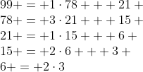 Formel: \\
99 = 1\cdot78 + 21 \\
78 = 3\cdot21 + 15 \\
21 = 1\cdot15 + 6 \\
15 = 2\cdot6 + 3 \\
6 = 2\cdot3