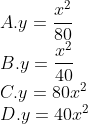 \\A.y=\frac{{{x}^{2}}}{80} \\ B.y=\frac{{{x}^{2}}}{40} \\ C.y=80{{x}^{2}} \\ D.y=40{{x}^{2}}