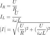 \\I_{R} =\frac{U}{R}\\ I_{L} = \frac{U}{i\omega L}\\ |I| = \sqrt{(\frac{U}{R})^{2}+(\frac{U}{i\omega L})^{2}}
