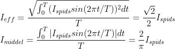 \\I_{eff} = \frac{\sqrt{\int_{0}^{T}(I_{spids}sin(2\pi t/T))^{2}dt}}{T} =\frac{\sqrt{2}}{2} I_{spids}\\ I_{middel} =\frac{\int_{0}^{T}|I_{spids}sin(2\pi t/T)|dt}{T} =\frac{2}{\pi}I_{spids}