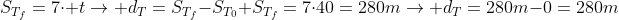 \S_{T_f}=7cdot t
ightarrow d_T=S_{T_f}-S_{T_0}\ S_{T_f}=7cdot40=280m
ightarrow d_T=280m-0=280m