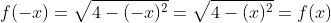 \f(-x)=sqrt{4-(-x)^2}=sqrt{4-(x)^2}=f(x)