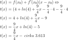 \\t(x)=f(x_{0})+f'(x_{0})(x-x_{0})\Leftrightarrow \\ t(x)=(4+ln(4)+\frac{9}{4}x-\frac{9}{4}\cdot 4-\frac{9}{4}\cdot 4 \\t(x)=4+ln(4)+\frac{9}{4}x-9 \\t(x)=\frac{9}{4}x+ln(4)-5 \\t(x)=\frac{9}{4}x-\: cirka\; 3.613