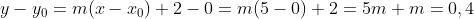 \y-y_0=m(x-x_0)\ 2-0=m(5-0)\ 2=5m\ m=0,4