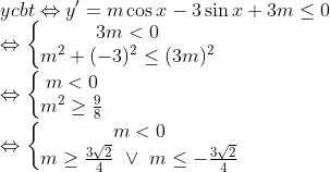 \\ycbt \Leftrightarrow y'=m\cos{x}-3\sin{x}+3m\leq 0\\ \Leftrightarrow \left\{\begin{matrix} 3m< 0\\ m^{2}+(-3)^{2}\leq (3m)^{2} \end{matrix}\right. \\\Leftrightarrow \left\{\begin{matrix} m<0\\ m^{2}\geq \frac{9}{8} \end{matrix}\right.\\ \Leftrightarrow \left\{\begin{matrix} m<0\\ m\geq \frac{3\sqrt{2}}{4}\ \vee\ m\leq -\frac{3\sqrt{2}}{4} \end{matrix}\right.